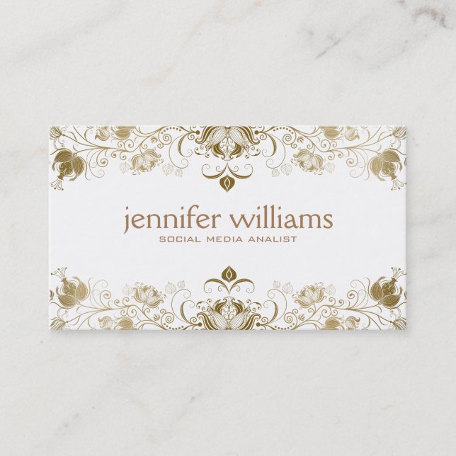 Goldene Vintage Blumenlatte auf Weiß Visitenkarte (Vorderseite)