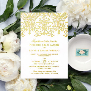 Goldene Vintage-Damask-Hochzeit Folieneinladung