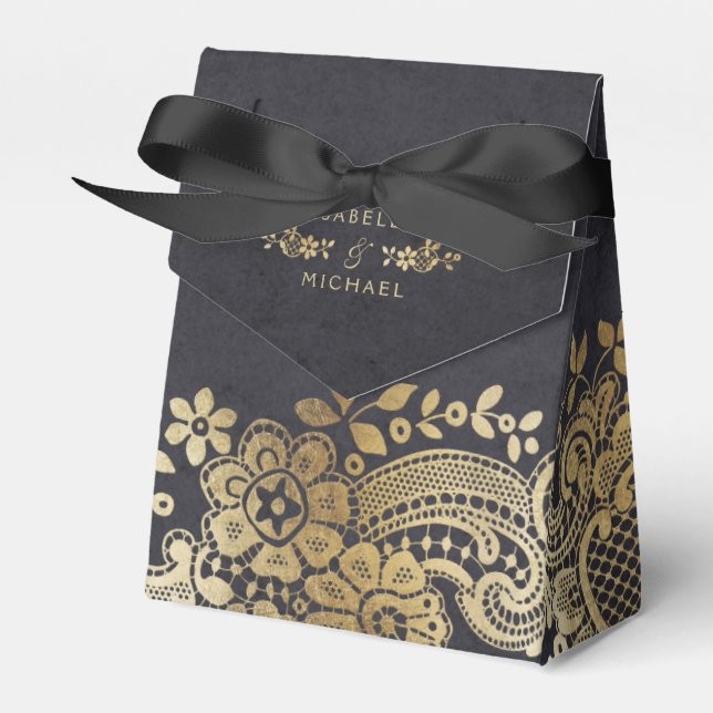 Goldene, Vintage Spitzen-Gastgeschenk Hochzeit Geschenkschachtel (Vorderseite)