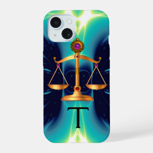 GOLDENE WAAGEN DES RECHTS MIT EDELSTEIN-MONOGRAMM iPhone 15 HÜLLE