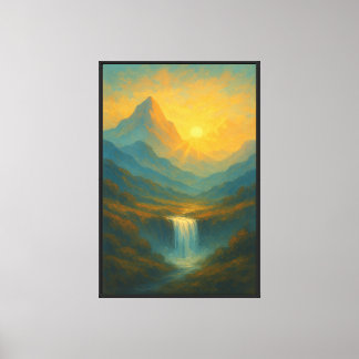 Goldene Wasserfall-Berglandschaft-Wandkunst Leinwanddruck