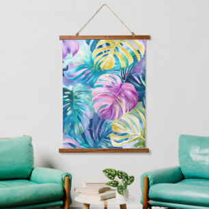 Goldene Wasserfarbe Tropische Blätter Paradies Wandteppich Mit Holzrahmen