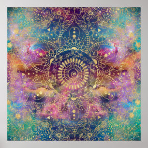 Goldene Wasserfarbe und Nebula Mandala Poster