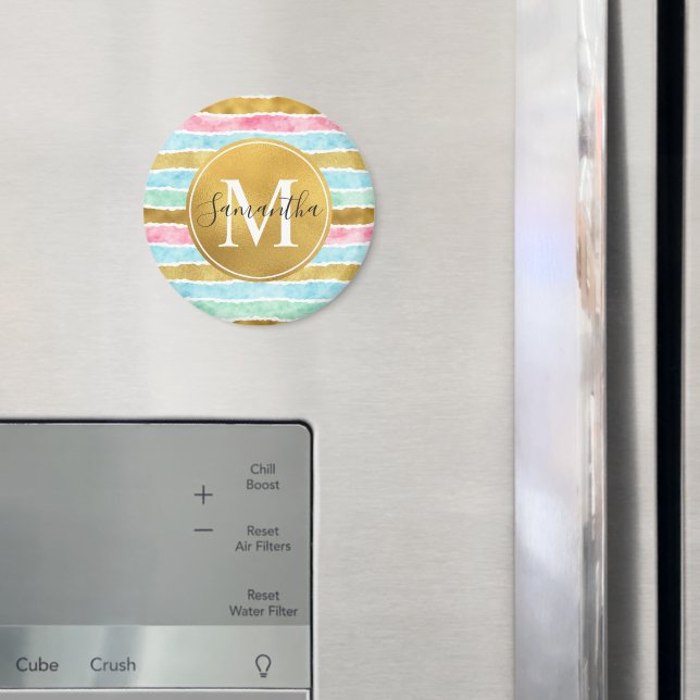 Goldene Wasserfarben-Streifen-Monogramm Magnet (In Situ (Kühlschrank))