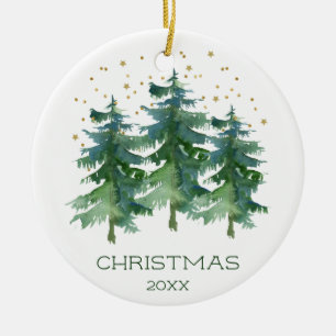 Goldene Wasserfarben-Weihnachtsbäume mit Glitzer Keramik Ornament
