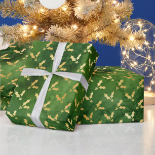 Goldene Weihnacht-Stechpalme auf Grün Geschenkpapier