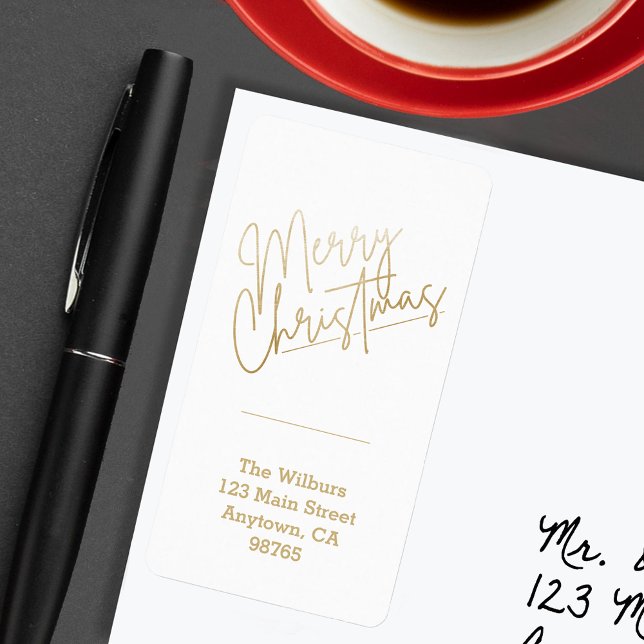 Goldene Weihnachten auf weißer Rücksendeadresse Adressaufkleber (Gold Merry Christmas on White Return Address Labels)