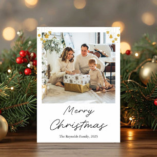 Goldene Weihnachts-Fotogrußkarte mit Ornamenten Feiertagskarte