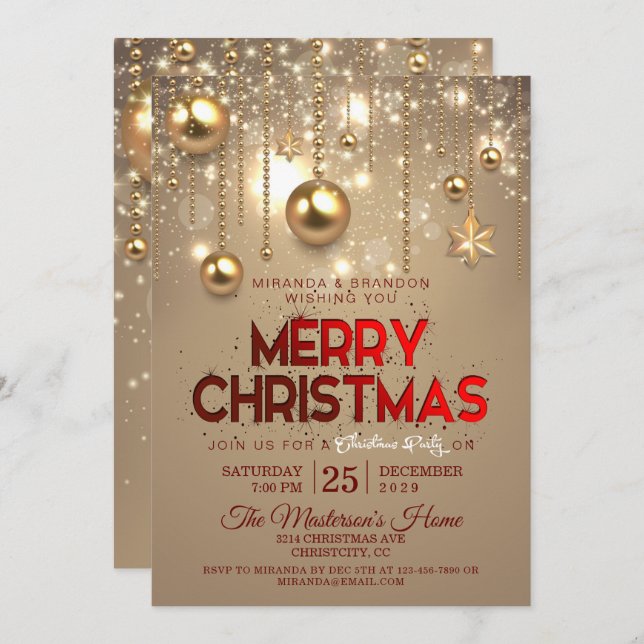 Goldene Weihnachtsbäume & Stars Weihnachten Einladung (Vorne/Hinten)