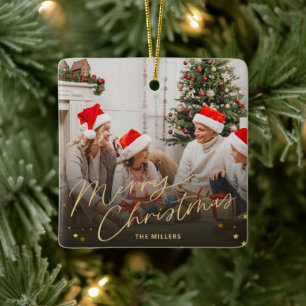 Goldene Weihnachtsfamilienfoto-Feiertagskarte Keramikornament