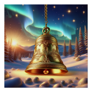 Goldene Weihnachtsglocke Schneeige Winterlandschaf Poster