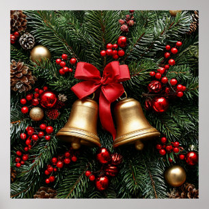 Goldene Weihnachtsglocken auf immergrünen Dekorati Poster