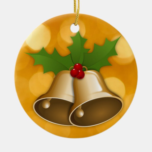 Goldene Weihnachtsglocken und Holly-Ornament Keramik Ornament (Vorne)
