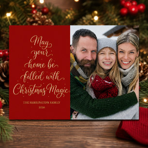 Goldene Weihnachtsmagie Rote Familienfoto  Folien Feiertagskarte