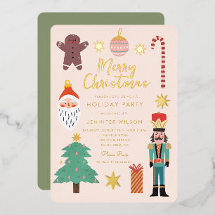 Goldene Weihnachtssachen Urlaub Santa Familienfoto Folieneinladung