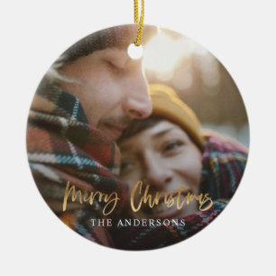 Goldene Weihnachtsschrift Rottartan-Foto Keramik Ornament