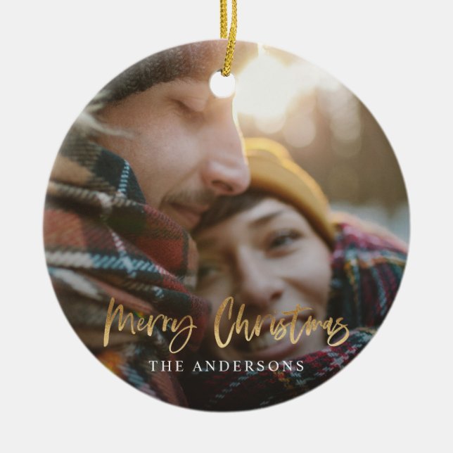 Goldene Weihnachtsschrift Rottartan-Foto Keramik Ornament (Vorne)