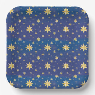 Goldene Weihnachtssterne auf Blau Pappteller