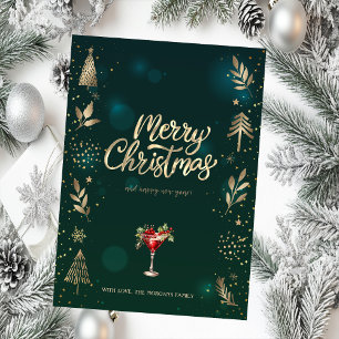 Goldene Weihnachtstanne, Zweige Cocktail Grün Feiertagskarte