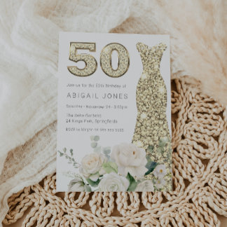 Goldene weiße Blume Elegant 50. Geburtstag Einladung