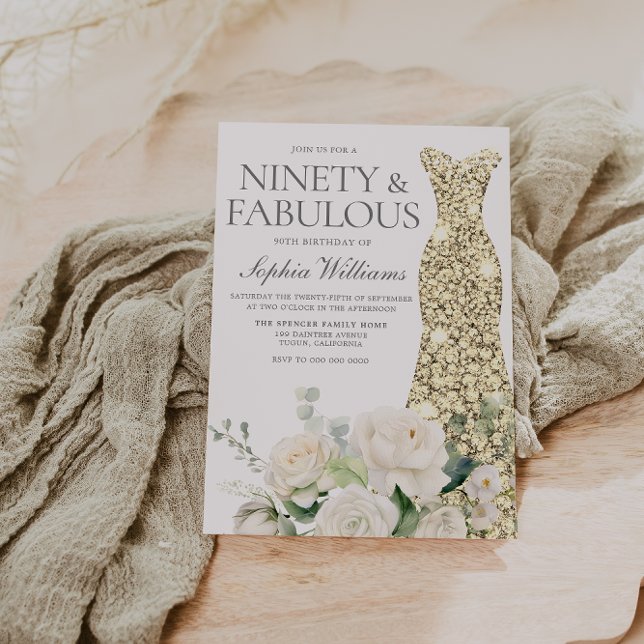 Goldene weiße Blumen Elegant 90. Geburtstag Einladung (Von Creator hochgeladen)