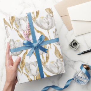 Goldene weiße Tulpen Blumen Brautparty Geschenkpapier