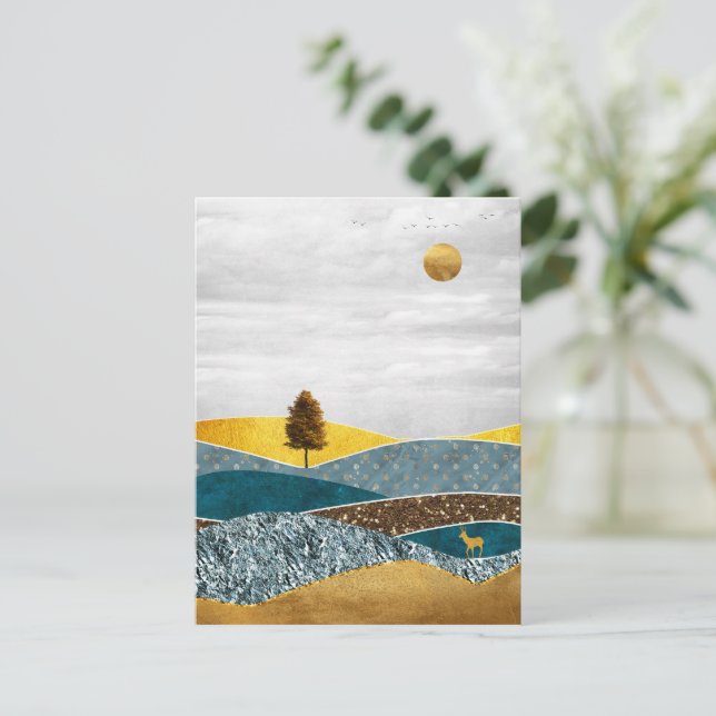 Goldene Wiese mit Bäumen und Hirschen Postkarte (Stehend Vorderseite)