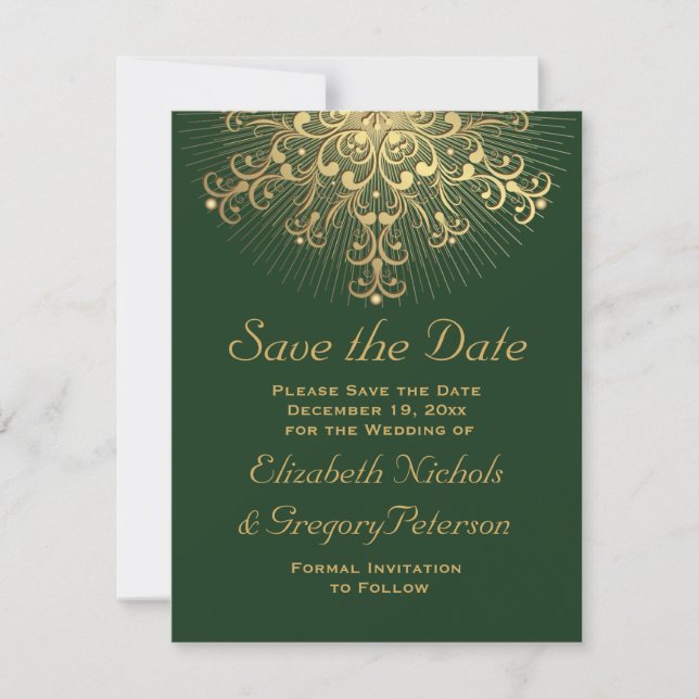 Goldene Winterhochzeit mit Schneeflocken Save the  Save The Date (Vorderseite)