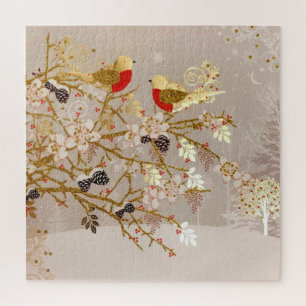 Goldene Winterschneevögel Weihnachten Puzzle