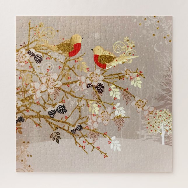 Goldene Winterschneevögel Weihnachten Puzzle (Vertikal)