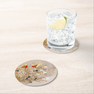 Goldene Winterschneevögel Weihnachten Runder Pappuntersetzer