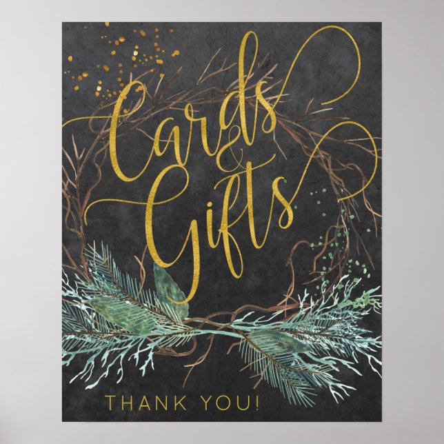 Goldene Winterskriptkarten und Hochzeitszeichen Poster (Vorne)