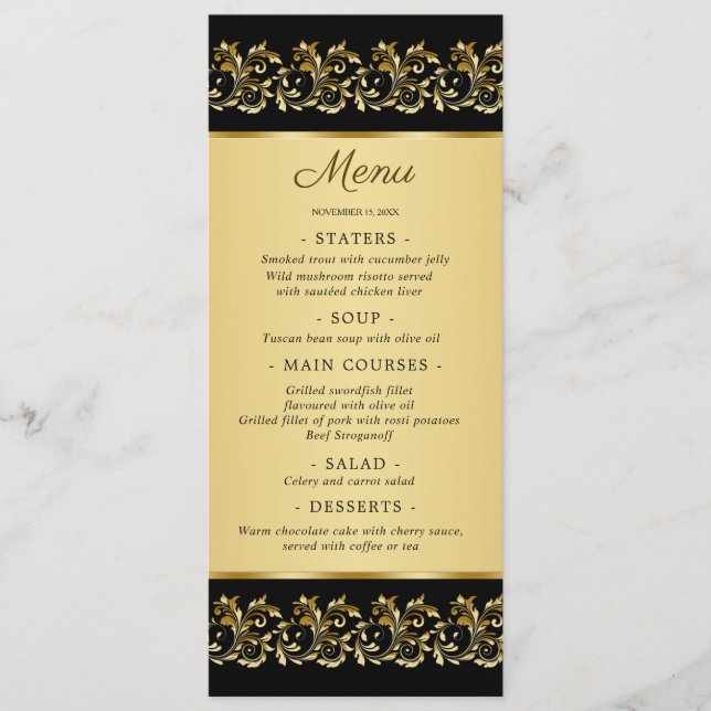 Goldene Wirbel auf der Black Wedding Menu Card Menükarte (Vorderseite)
