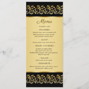 Goldene Wirbel auf der Black Wedding Menu Card Menükarte
