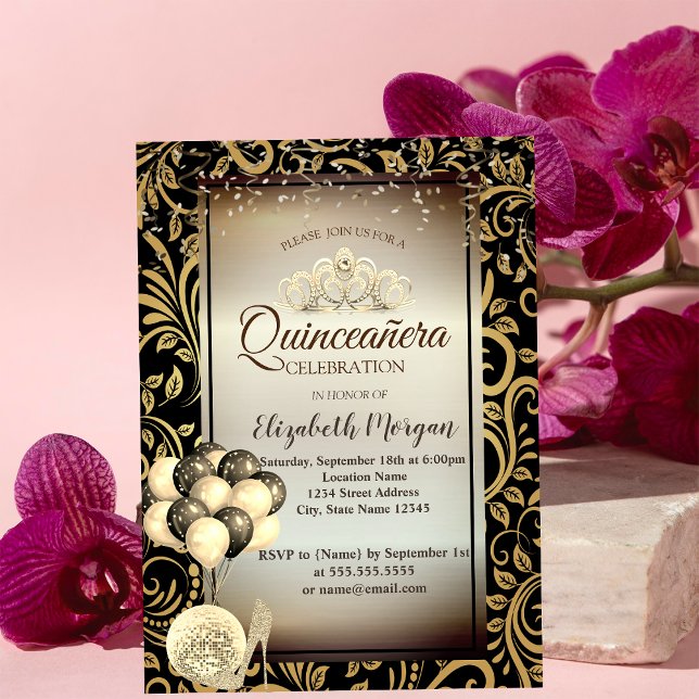 Goldene Wirbel, Balloons, Hochöle, Tiara Quinceañe Einladung (Von Creator hochgeladen)