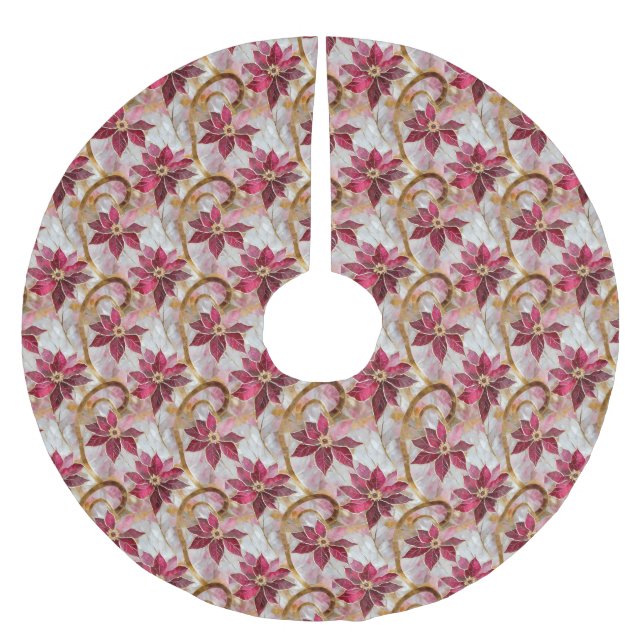 Goldene Wirbel Burgundy Pink Weihnachten Poinsetti Polyester Weihnachtsbaumdecke (Vorderseite)