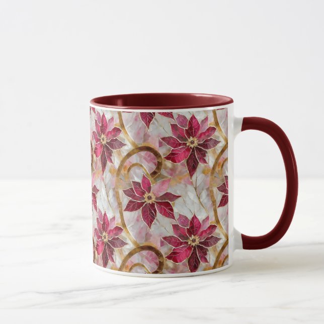 Goldene Wirbel Burgundy Pink Weihnachten Poinsetti Tasse (Rechts)