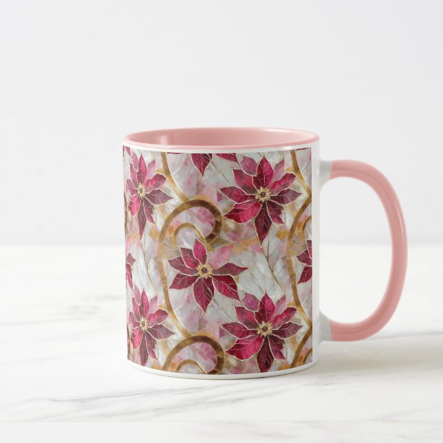 Goldene Wirbel Burgundy Pink Weihnachten Poinsetti Tasse (Rechts)
