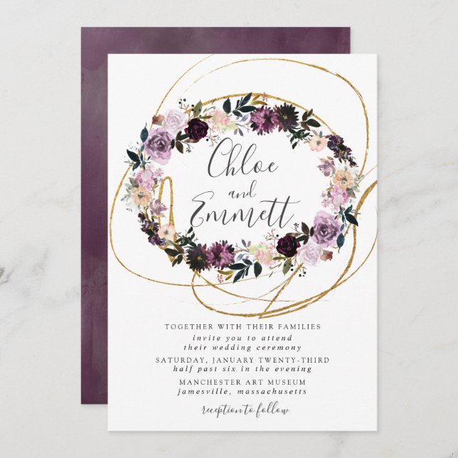 Goldene Wirbel Lila Rosa Blumenhochzeit Einladung (Vorne/Hinten)