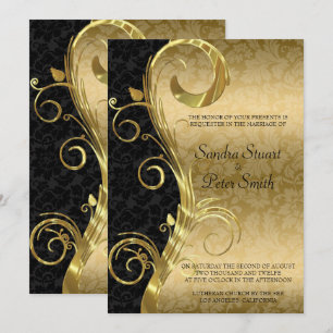 Goldene Wirbel und goldene schwarze Damast-Hochzei Einladung