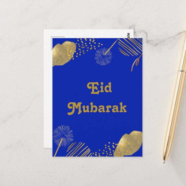 Goldene Wünsche: Eid Mubarak Blue and Gold 2024 Ca Postkarte (Vorderseite/Rückseite Beispiel)
