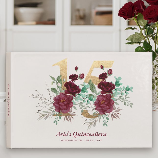 Goldene Zahl 15 Burgund Royal Rose Quinceanera Gästebuch (Elegant Floral Number 15 Birthday Guest Book from my Royal Rose Quinceanera Collection)