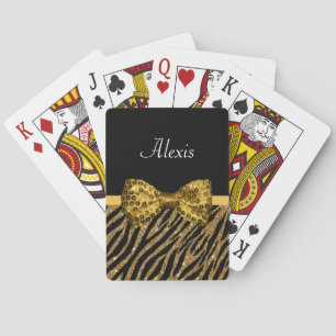 Goldene Zebra Print-IMITATE Glitz Bow mit Namen Spielkarten