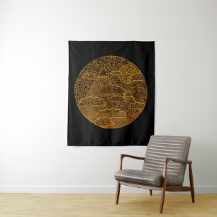 Goldene Zen-Landschaft Schwarzer Wandteppich