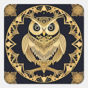 Goldene Zier-Eule 🖼️ Luxus-Dekorationsvogel Quadratischer Aufkleber