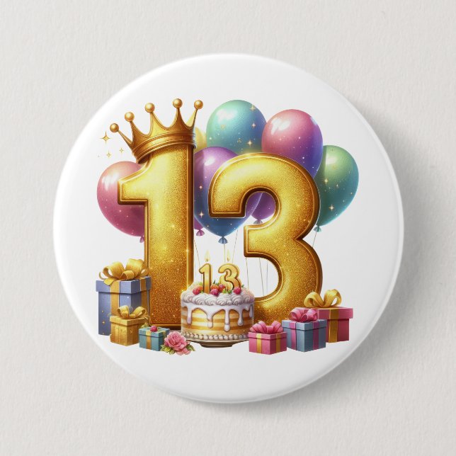 Goldener 13. Geburtstag Button (Vorderseite)