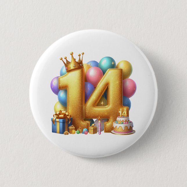 Goldener 14. Geburtstag Button (Vorderseite)