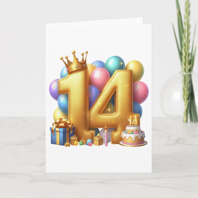 Goldener 14. Geburtstag Karte (Vorderseite)