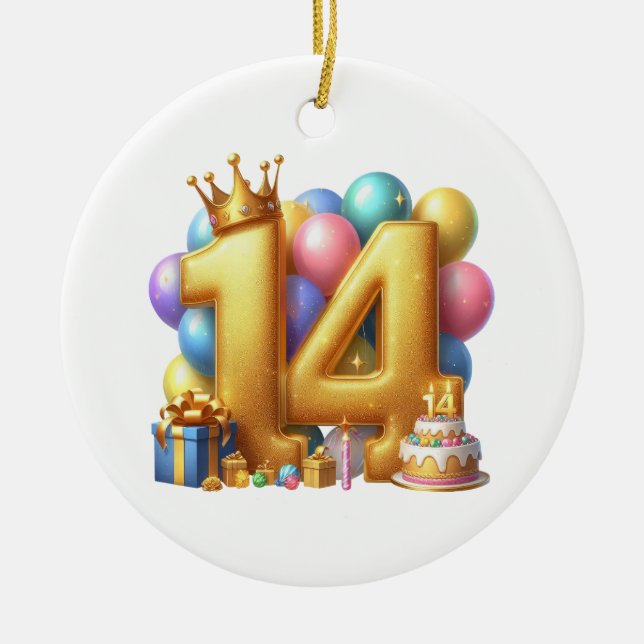 Goldener 14. Geburtstag Keramik Ornament (Vorne)