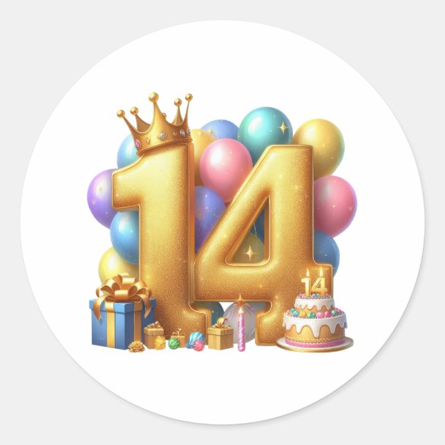 Goldener 14. Geburtstag Runder Aufkleber (Vorderseite)